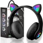 Children's Headphones with Cat Ears - Bluetooth 5.0 Wireless, Over-Ear with Microphone, LED RGB Light, Foldable Cat Ears