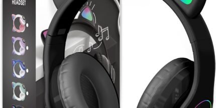 Children's Headphones with Cat Ears - Bluetooth 5.0 Wireless, Over-Ear with Microphone, LED RGB Light, Foldable Cat Ears